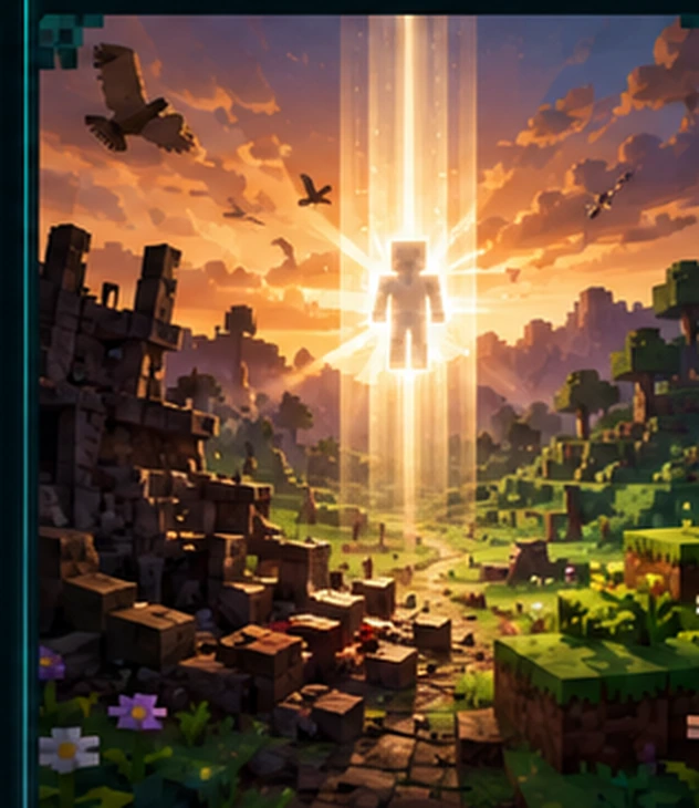A Minecraft character rising into a beam of light over a renewed landscape