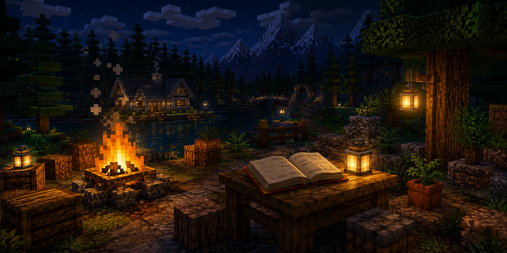 Editorial illustration of a Minecraft campfire and bulletin table