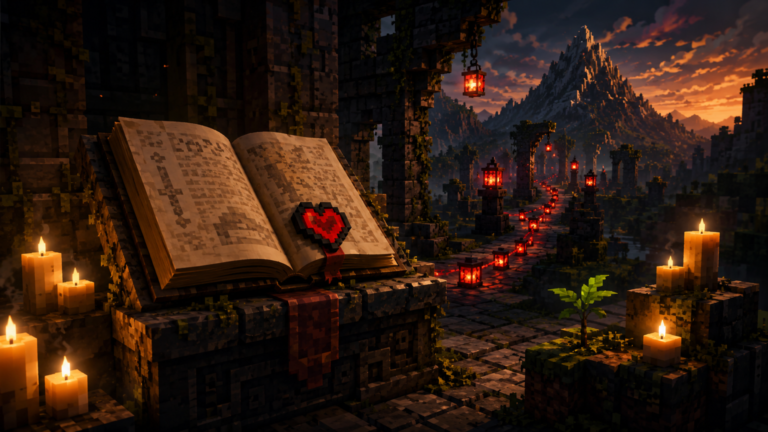 An open Chronicle beside candles and a red-lit path through a ruined Minecraft archive
