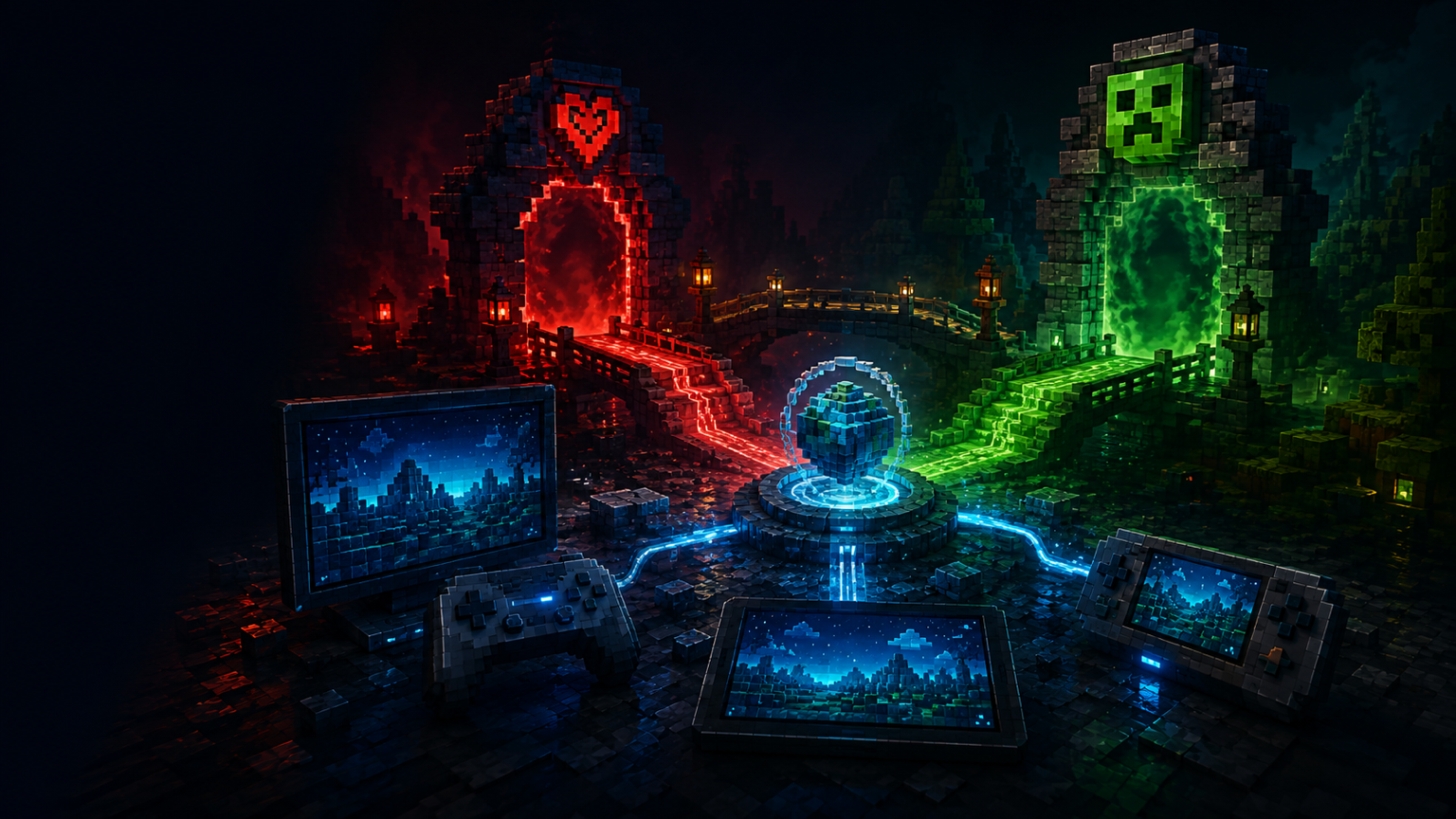 A Minecraft Bedrock connection portal between Hardcore and SMP landmarks
