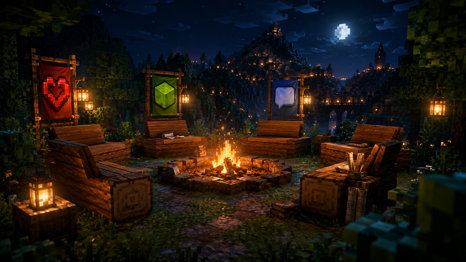 Minecraft meeting places surrounding a community campfire