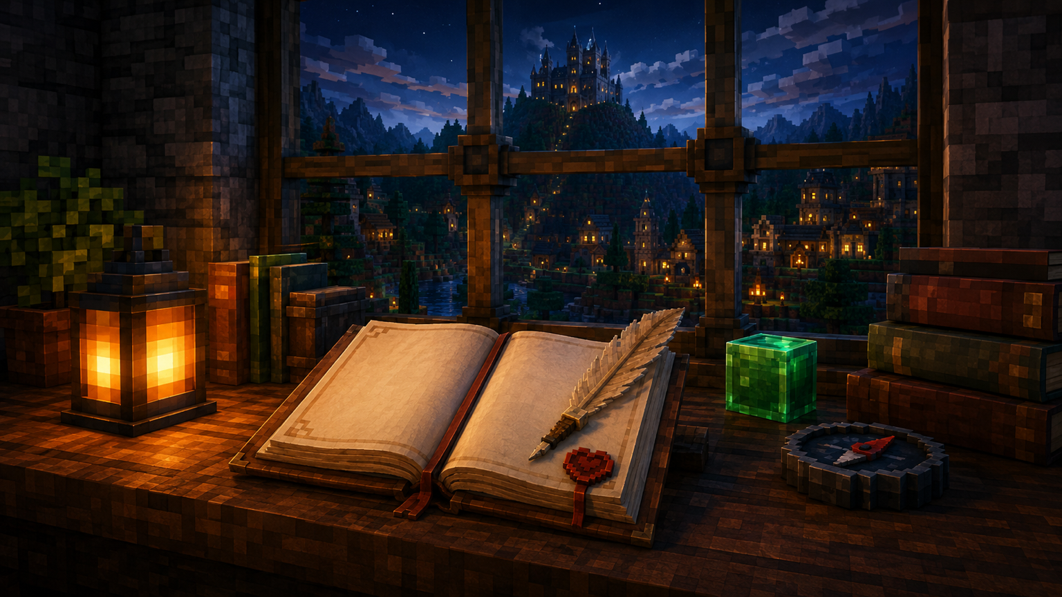 A lantern-lit Minecraft writing desk with an open bulletin and quill