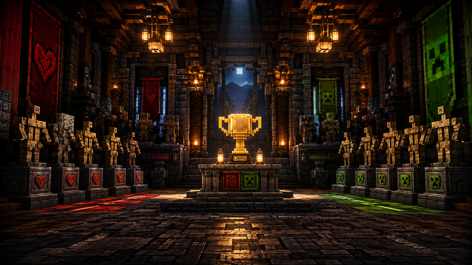 A Minecraft roster hall lined with armor displays and banners