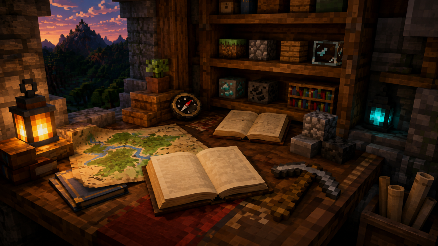A lantern-lit Minecraft library with maps and open reference books